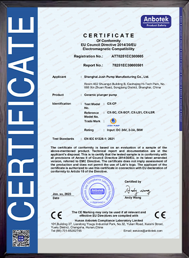 Certificat du fabricant de pompes et de vannes